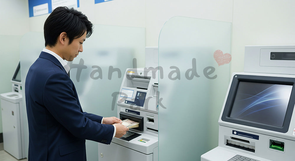 フリー素材 無料 写真｜ATMで入金操作をする日本人男性の金融シーン 写真背景