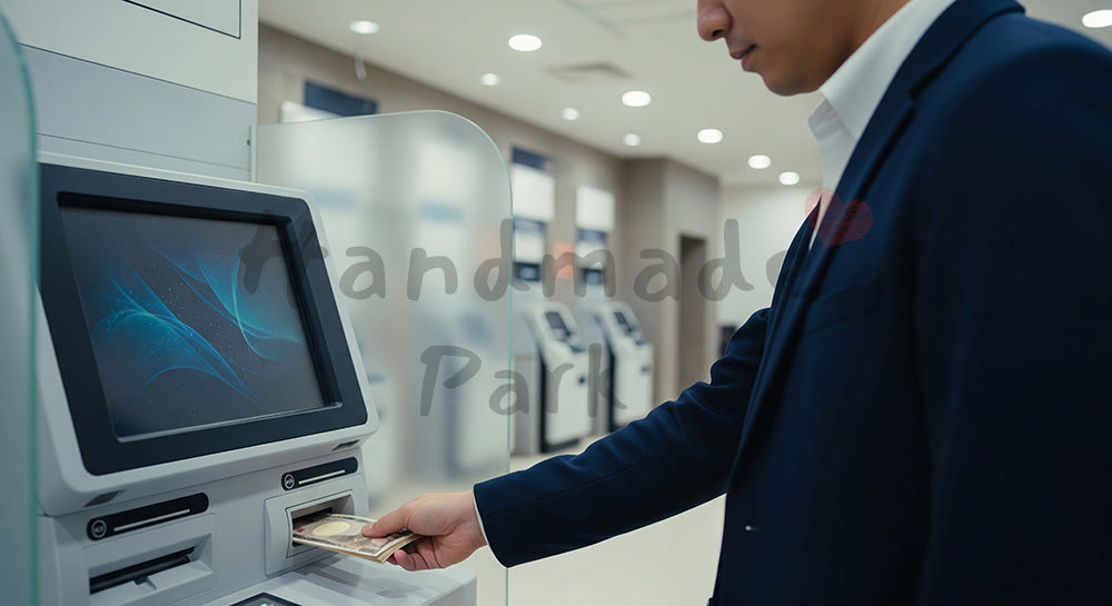 フリー素材 無料 写真｜ATMで入金操作をする日本人男性の金融シーン