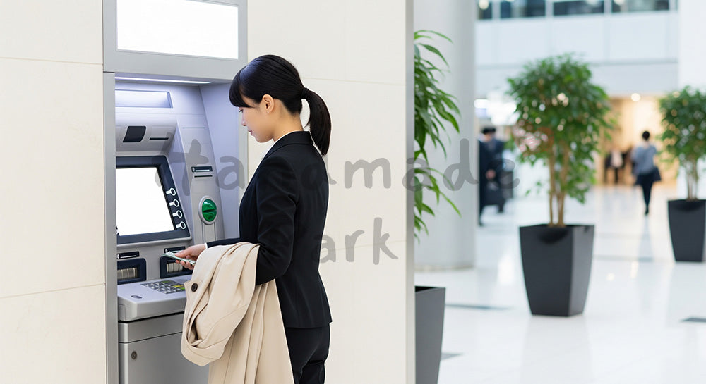 フリー素材 無料 写真｜ATMで現金を引き出す日本人女性の資金管理シーン 余白あり