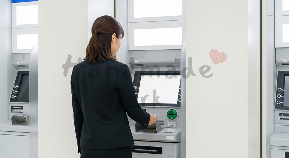フリー素材 無料 写真｜ATMで現金を引き出す日本人女性の資金管理シーン 背景素材
