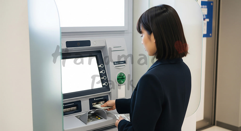フリー素材 無料 写真｜ATMで現金を引き出す日本人女性の資金管理シーン