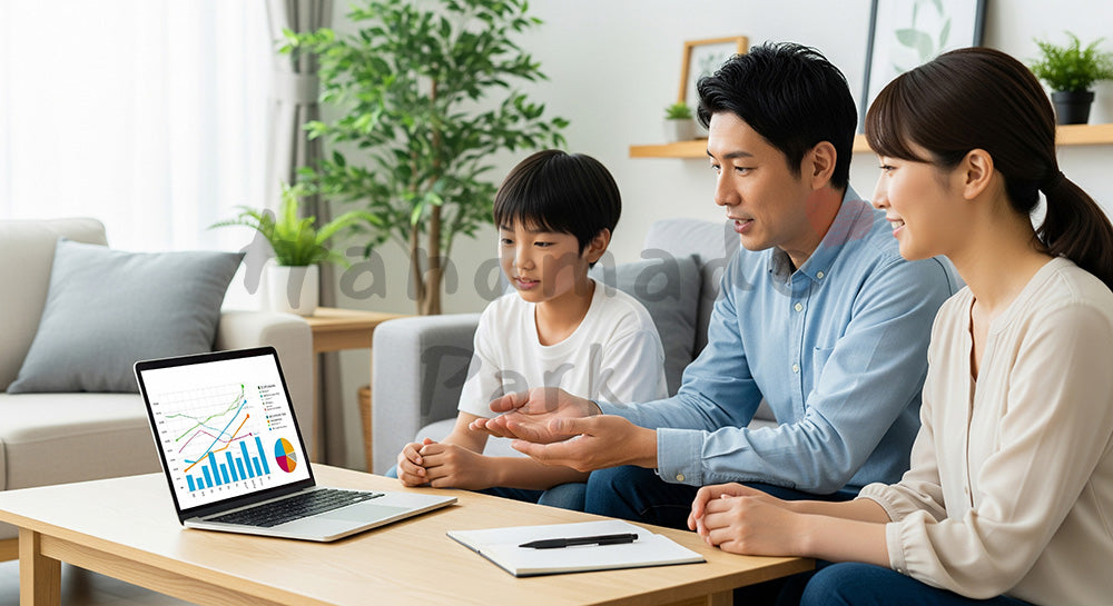 フリー素材 無料 写真｜教育資金計画のグラフを家族で見ながら将来を話し合う日本人家族 余白あり