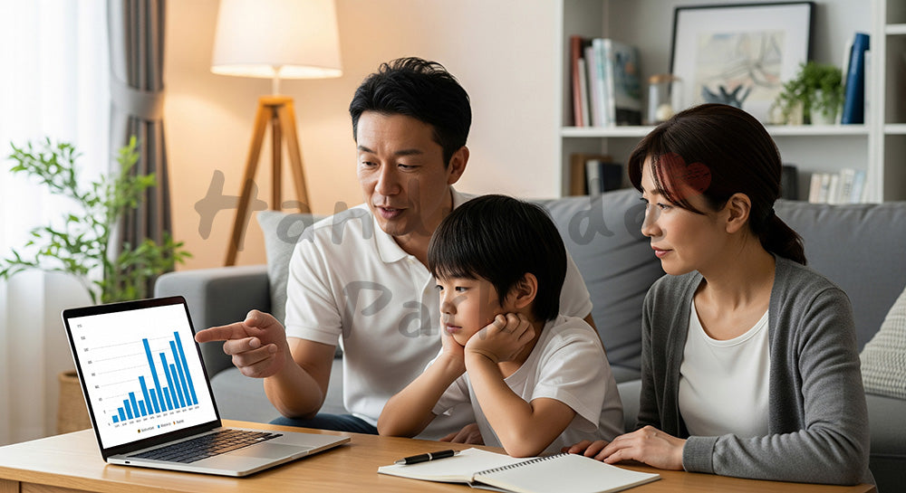フリー素材 無料 写真｜教育資金計画のグラフを家族で見ながら将来を話し合う日本人家族 写真背景
