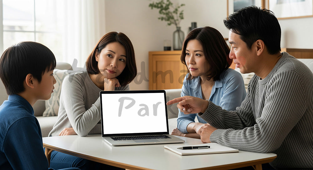 フリー素材 無料 写真｜教育資金計画のグラフを家族で見ながら将来を話し合う日本人家族 背景素材
