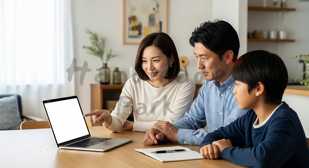 フリー素材 無料 写真｜教育資金計画のグラフを家族で見ながら将来を話し合う日本人家族