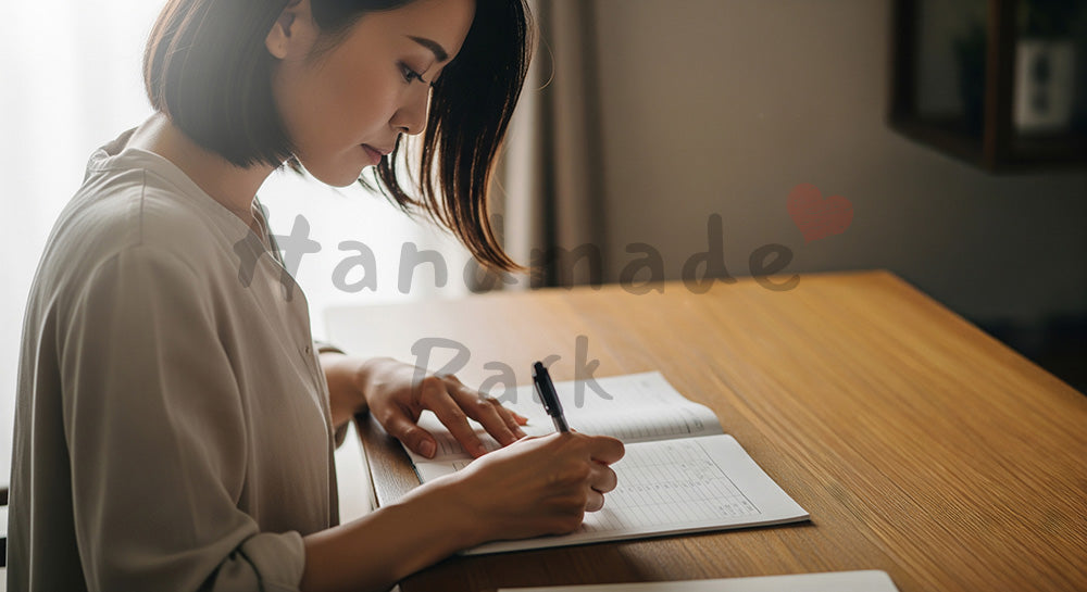 フリー素材 無料 写真｜家計簿アプリと紙の帳簿を併用して支出管理をする日本人女性 写真背景