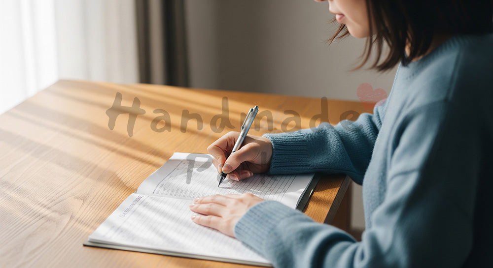 フリー素材 無料 写真｜家計簿アプリと紙の帳簿を併用して支出管理をする日本人女性 背景素材