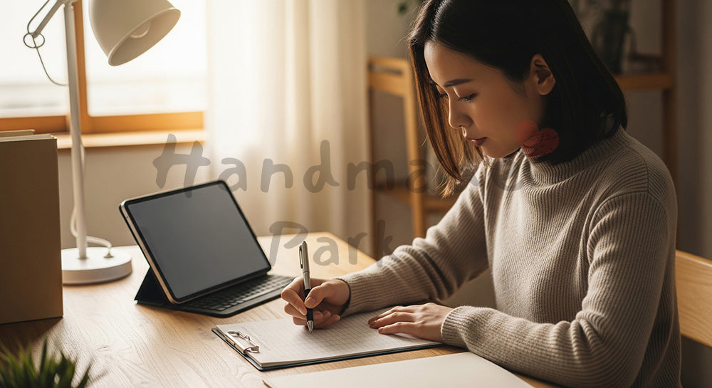 フリー素材 無料 写真｜家計簿アプリと紙の帳簿を併用して支出管理をする日本人女性