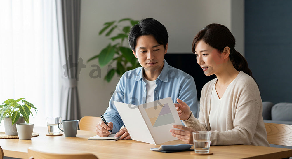 フリー素材 無料 写真｜無地パンフレットを使って保険や将来計画を話し合う日本人夫婦 余白あり