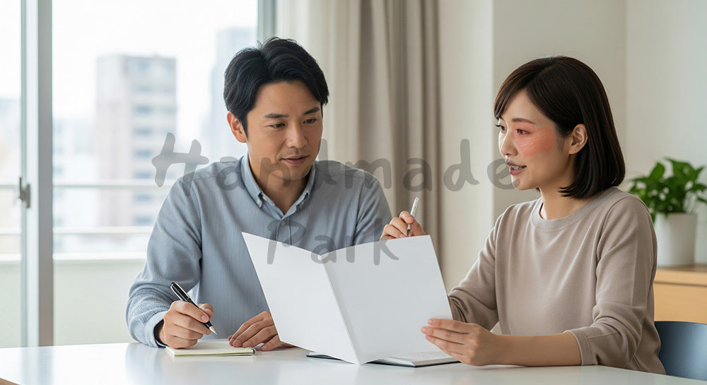 フリー素材 無料 写真｜無地パンフレットを使って保険や将来計画を話し合う日本人夫婦 写真背景