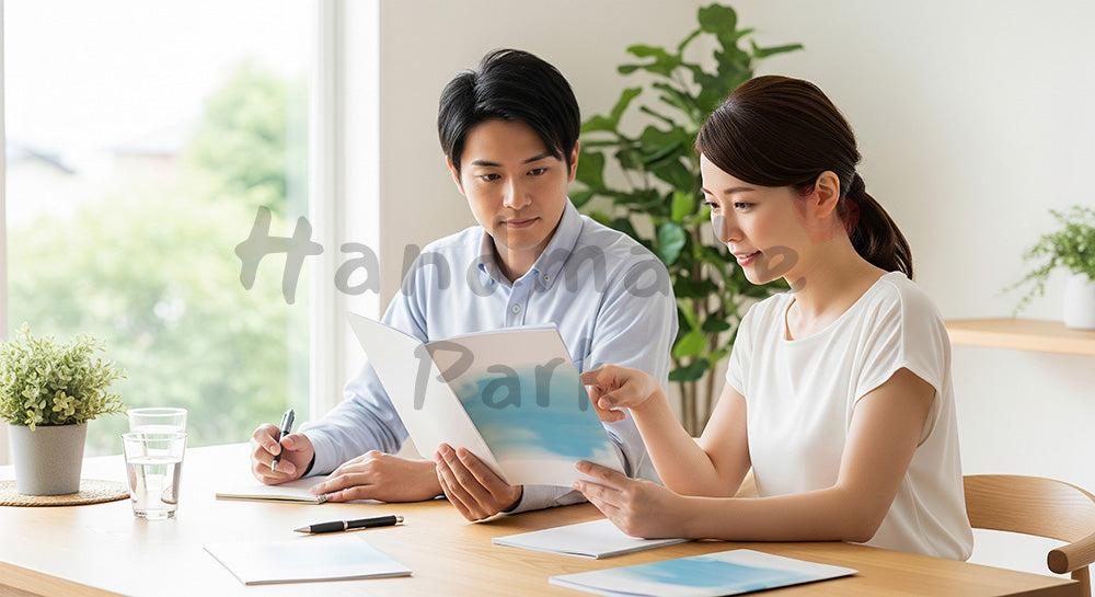 フリー素材 無料 写真｜無地パンフレットを使って保険や将来計画を話し合う日本人夫婦 背景素材