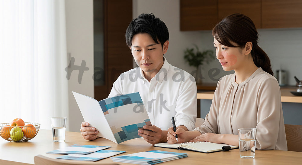 フリー素材 無料 写真｜無地パンフレットを使って保険や将来計画を話し合う日本人夫婦