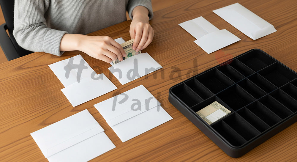 フリー素材 無料 写真|封筒と仕分けケースで現金管理を行う日本人女性の節約術 背景素材