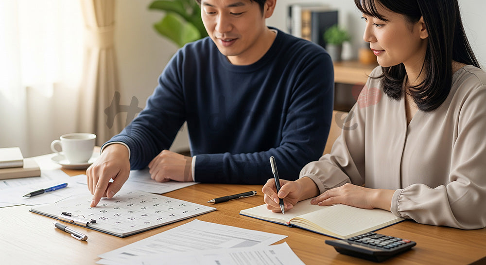 フリー素材 無料 写真｜カレンダーとノートで支出予定を立てる日本人夫婦の家計会議 余白あり