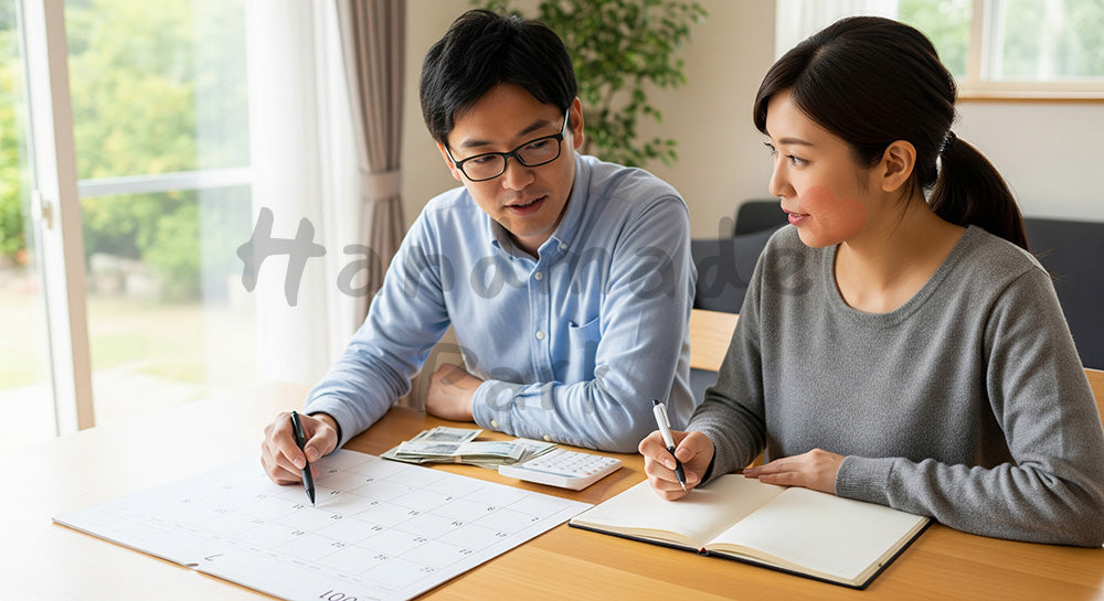 フリー素材 無料 写真｜カレンダーとノートで支出予定を立てる日本人夫婦の家計会議 背景素材