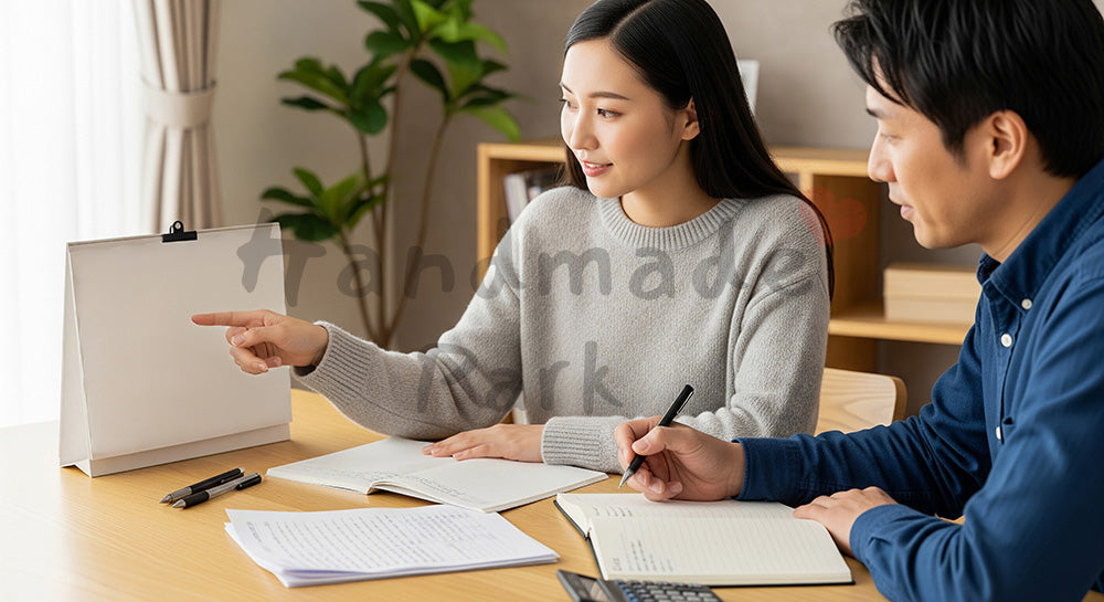 フリー素材 無料 写真｜カレンダーとノートで支出予定を立てる日本人夫婦の家計会議