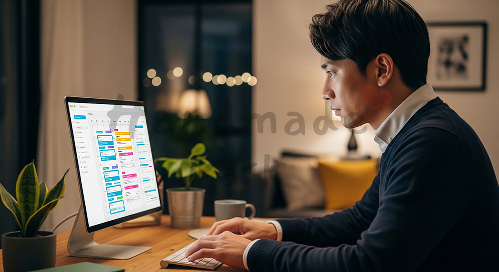 フリー素材 無料 写真｜副業のタスク管理を行う日本人男性のワークスタイル 背景素材