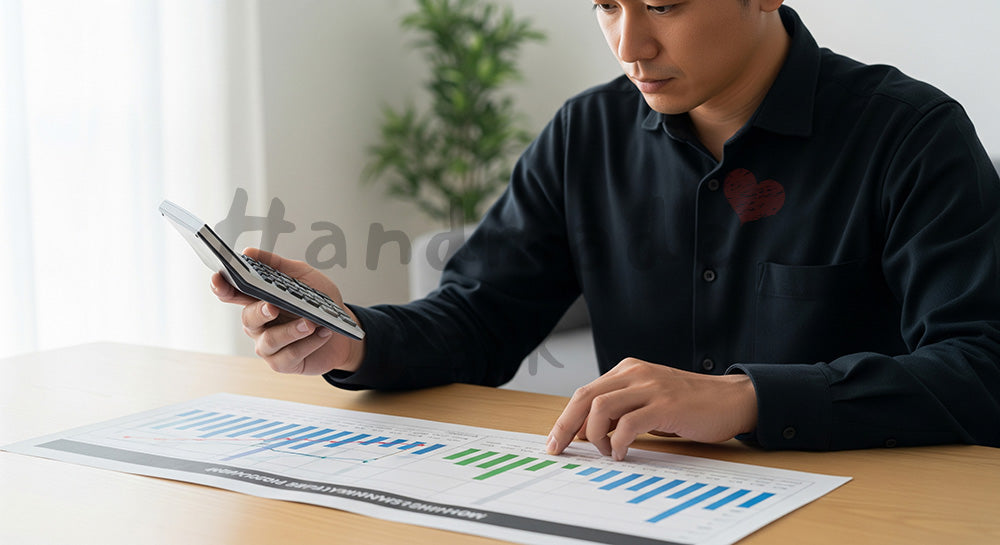 フリー素材 無料 写真｜住宅ローン返済計画を立てる日本人男性のライフプランニング 余白あり