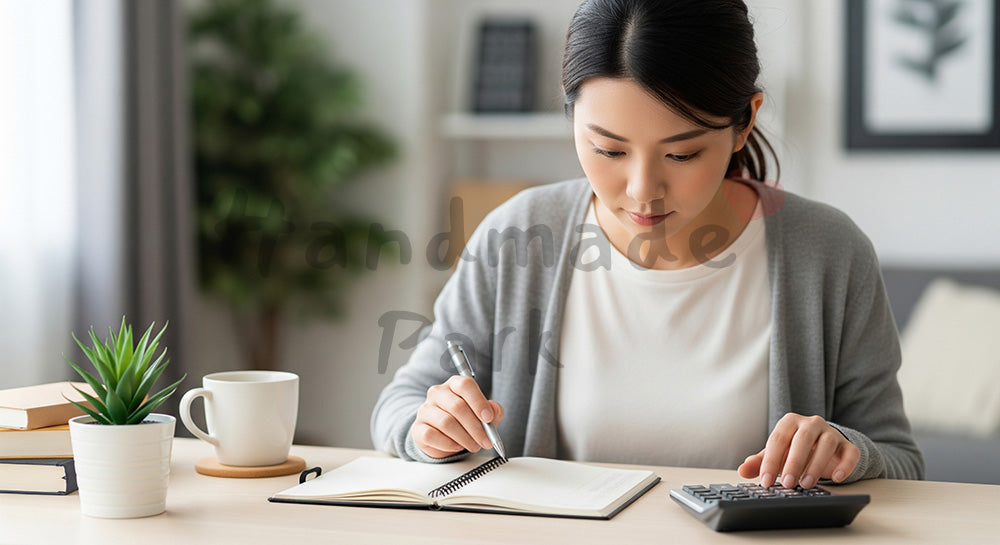 フリー素材 無料 写真｜副業収支をノートで整理する日本人女性 余白あり