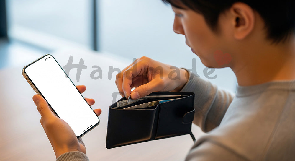 フリー素材 無料 写真｜キャッシュレス化のため財布の中身を整理する日本人男性 背景素材