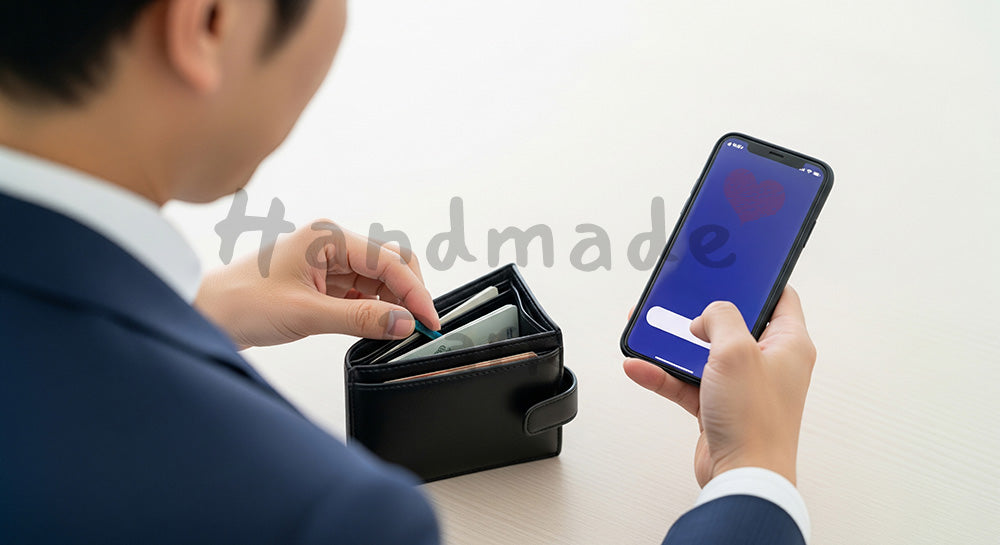 フリー素材 無料 写真｜キャッシュレス化のため財布の中身を整理する日本人男性