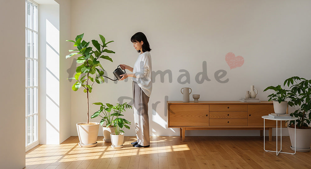 フリー素材 無料 写真|北欧風リビングで観葉植物に水やりをする日本人女性の暮らし 余白あり