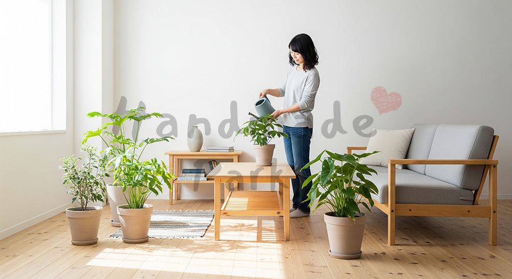 フリー素材 無料 写真｜北欧風リビングで観葉植物に水やりをする日本人女性の暮らし 写真背景