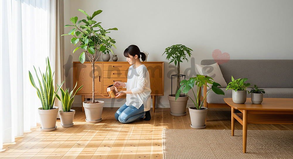 フリー素材 無料 写真｜北欧風リビングで観葉植物に水やりをする日本人女性の暮らし 背景素材