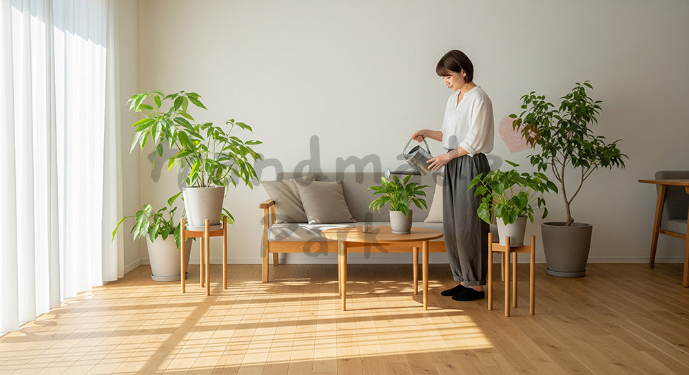 フリー素材 無料 写真｜北欧風リビングで観葉植物に水やりをする日本人女性の暮らし