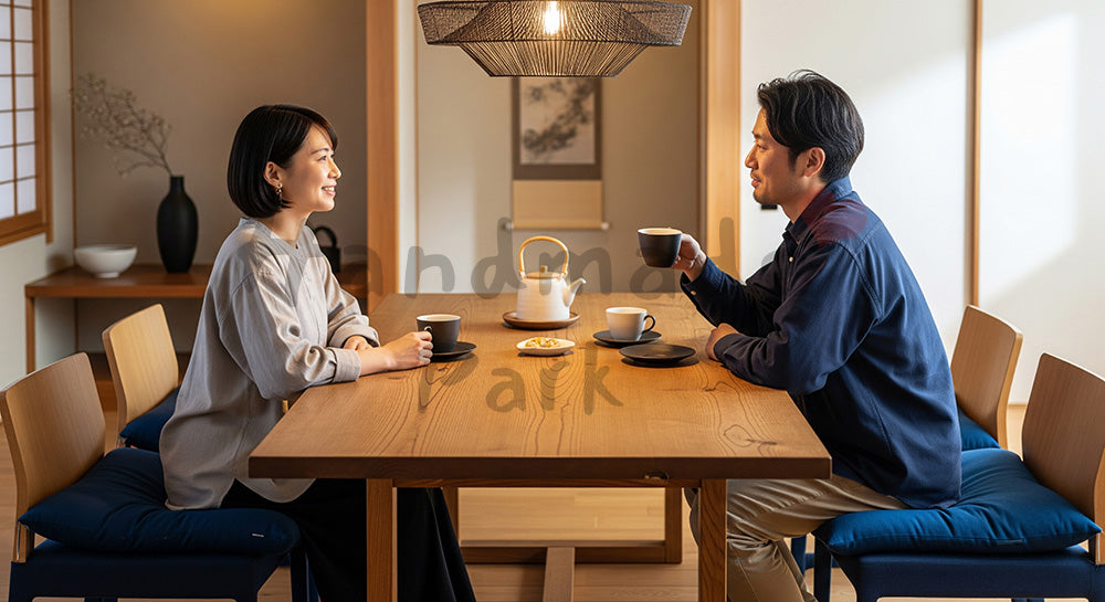 フリー素材 無料 写真｜和モダンなダイニングで会話を楽しむ日本人夫婦の朝時間 余白あり