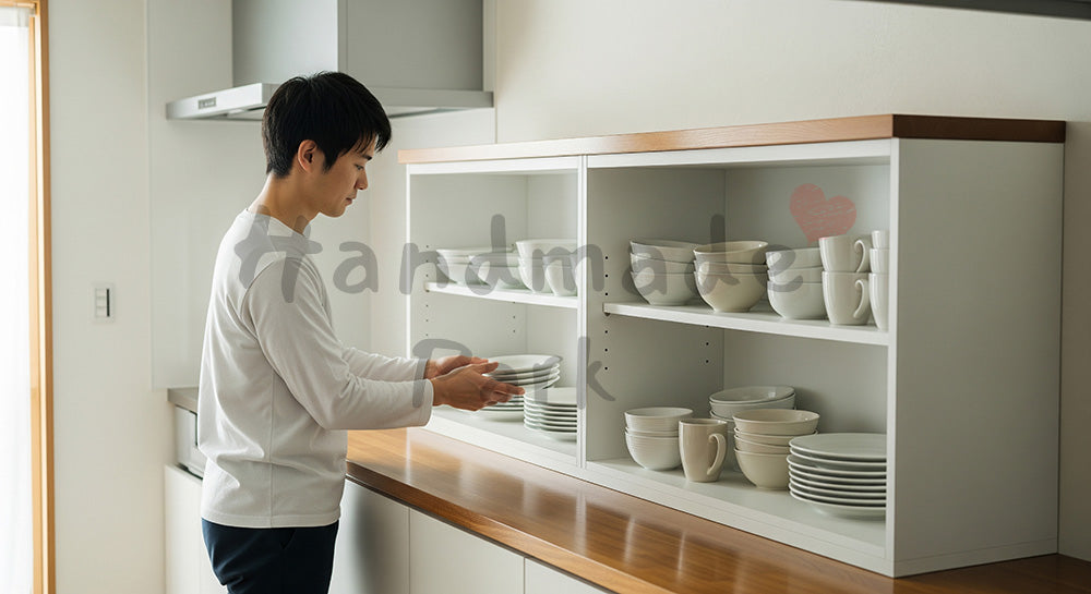 フリー素材 無料 写真｜キッチンの食器棚を整理する日本人男性のすっきり暮らし 余白あり