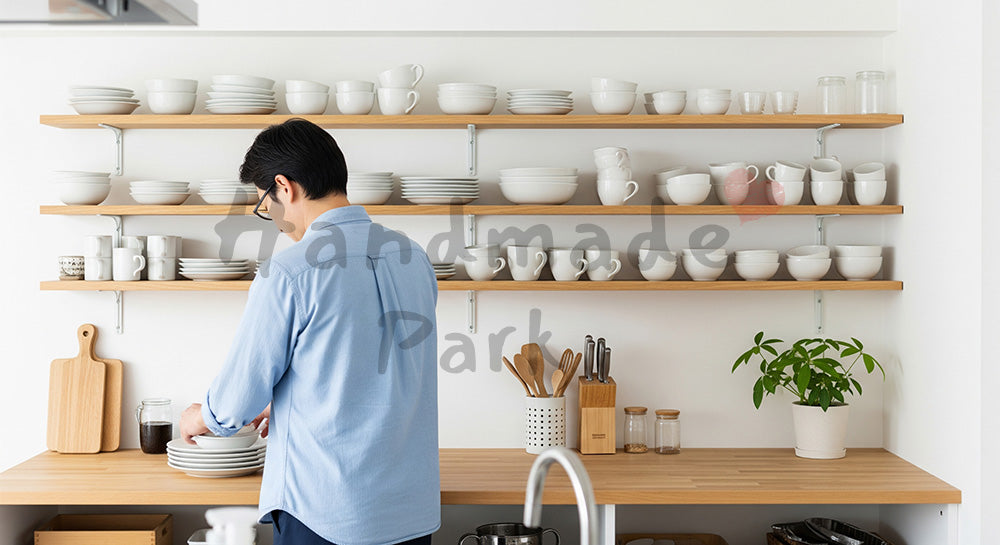 フリー素材 無料 写真｜キッチンの食器棚を整理する日本人男性のすっきり暮らし