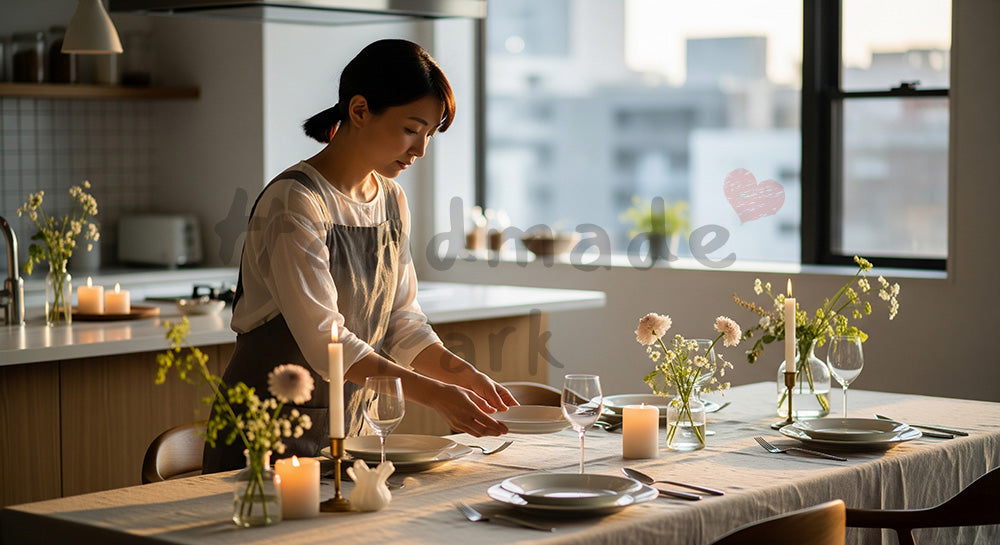 フリー素材 無料 写真｜食器とカトラリーでテーブルセッティングをする日本人女性 写真背景