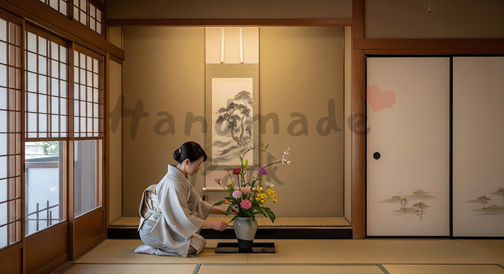 フリー素材 無料 写真｜床の間に季節の花を生ける日本人女性の和インテリアシーン 写真背景