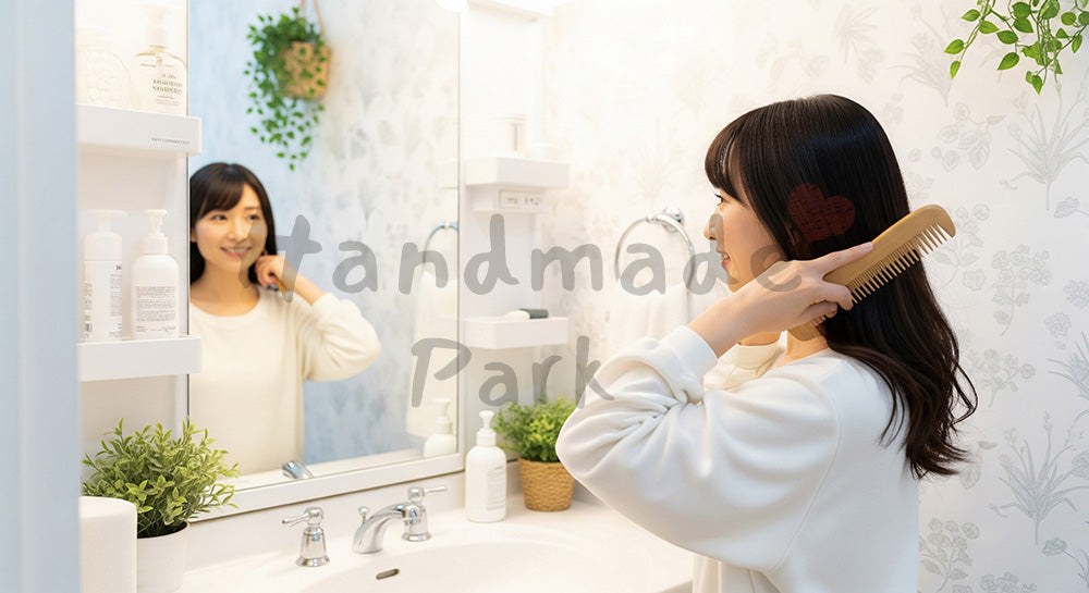 フリー素材 無料 写真｜洗面所で髪をとかしながら微笑む日本人女性の暮らしシーン 余白あり
