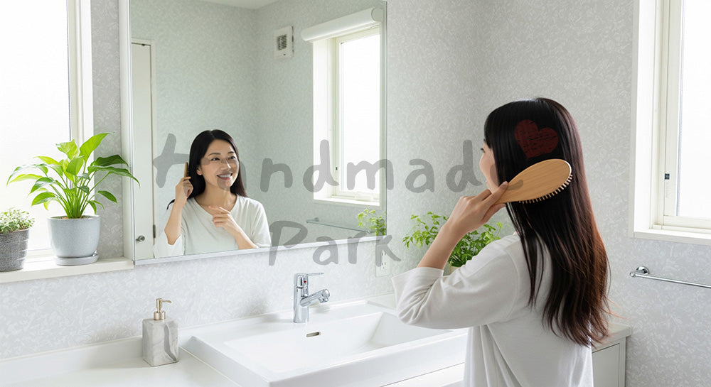 フリー素材 無料 写真｜洗面所で髪をとかしながら微笑む日本人女性の暮らしシーン