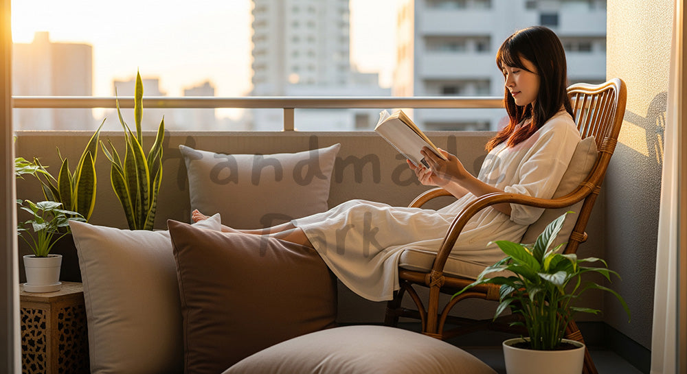 フリー素材 無料 写真｜バルコニーのラタンチェアで読書を楽しむ日本人女性の暮らし 背景素材
