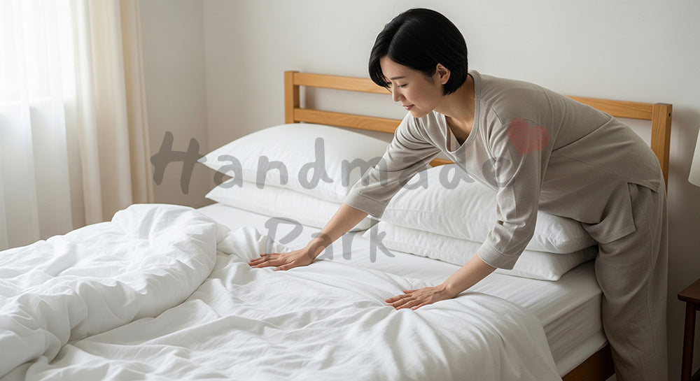 フリー素材 無料 写真｜寝室でシーツと枕を整える日本人女性の整え暮らし 余白あり