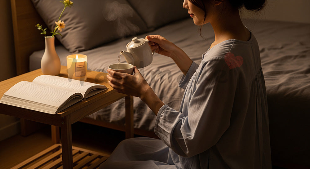 フリー素材 無料 写真｜寝る前にハーブティーを淹れてリラックスする日本人女性 余白あり