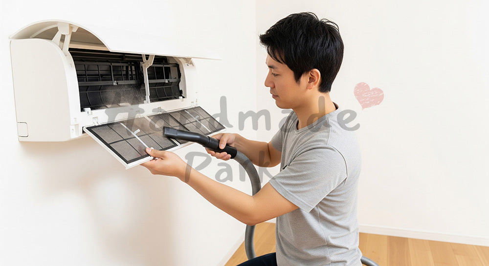 フリー素材 無料 写真｜エアコンフィルターを掃除する日本人男性の室内メンテナンス 余白あり