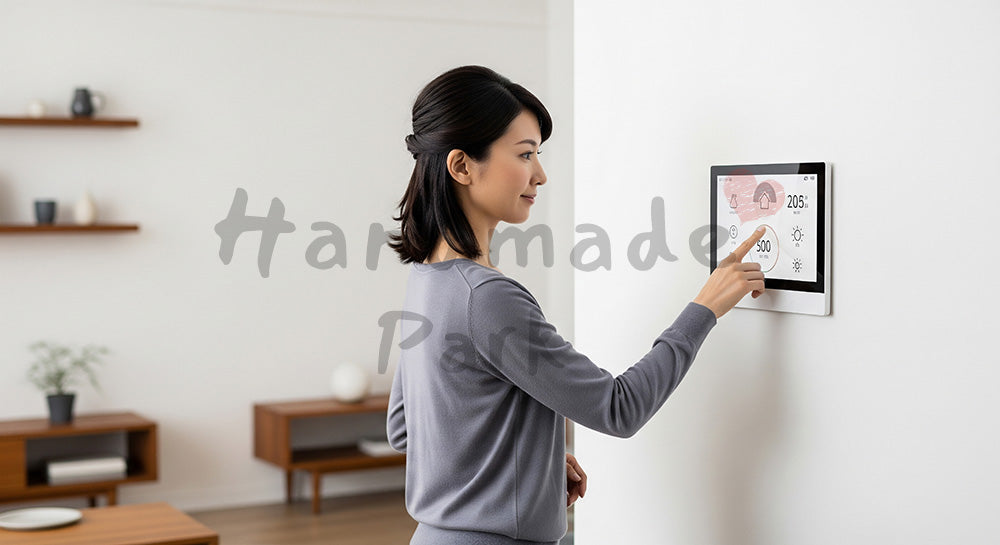 フリー素材 無料 写真｜スマートホームパネルで温度と照明を調整する日本人女性 余白あり
