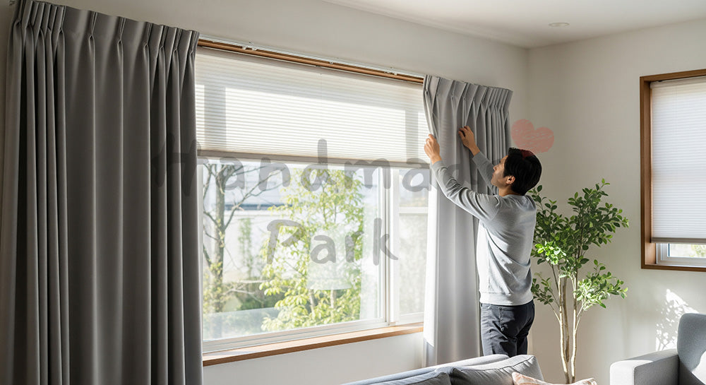 フリー素材 無料 写真｜リビングのカーテンやブラインドを付け替える日本人男性
