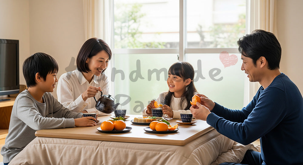 フリー素材 無料 写真｜こたつで団らんを楽しむ日本人家族の冬リビング 余白あり