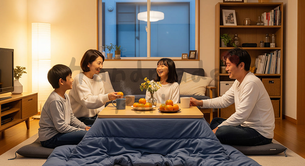 フリー素材 無料 写真｜こたつで団らんを楽しむ日本人家族の冬リビング 背景素材