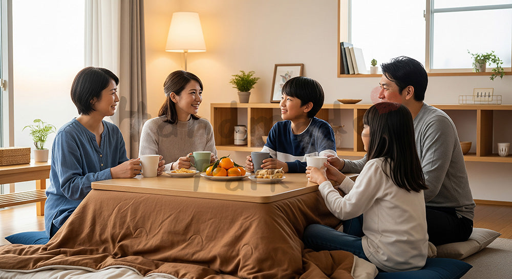 フリー素材 無料 写真｜こたつで団らんを楽しむ日本人家族の冬リビング