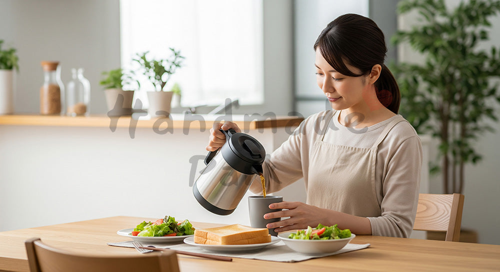 フリー素材 無料 写真｜朝のダイニングキッチンでコーヒーを注ぐ日本人主婦の穏やかな朝時間 写真背景