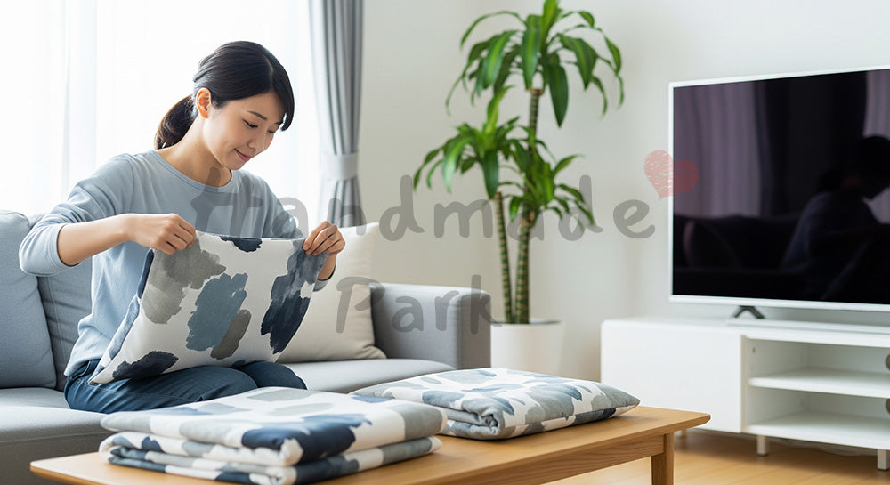 フリー素材 無料 写真｜リビングのクッションカバーを付け替える日本人主婦の模様替えシーン 余白あり