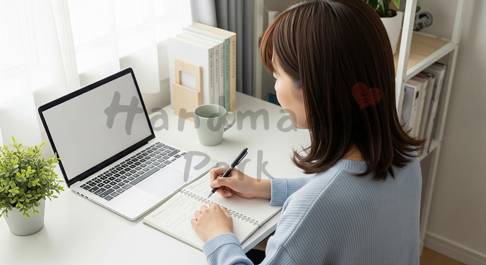 フリー素材 無料 写真｜書斎スペースでノートPCとノートを使いタスク管理をする日本人主婦 余白あり