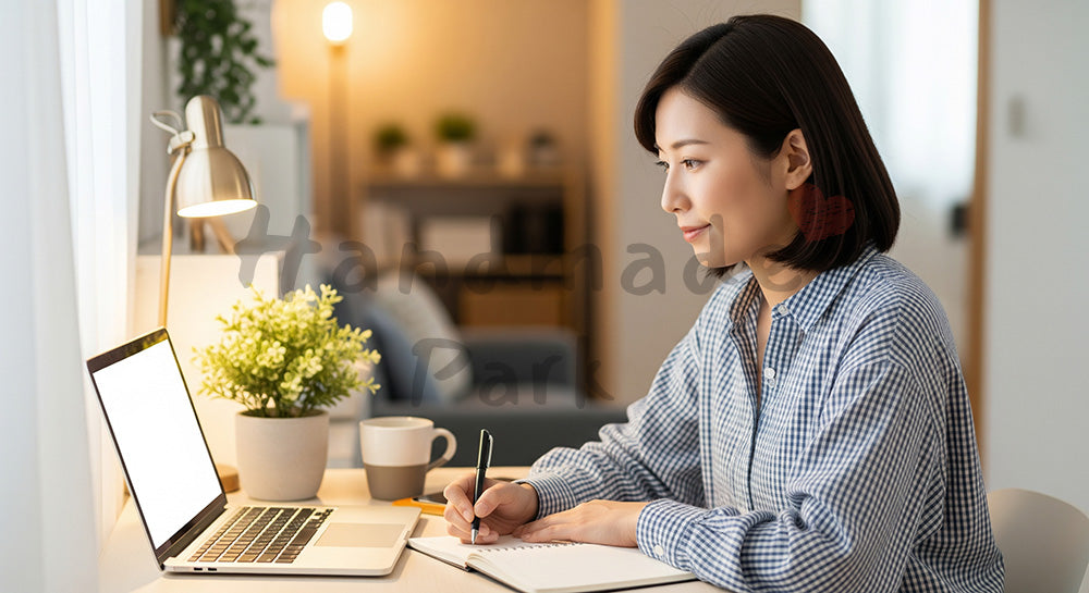 フリー素材 無料 写真｜書斎スペースでノートPCとノートを使いタスク管理をする日本人主婦