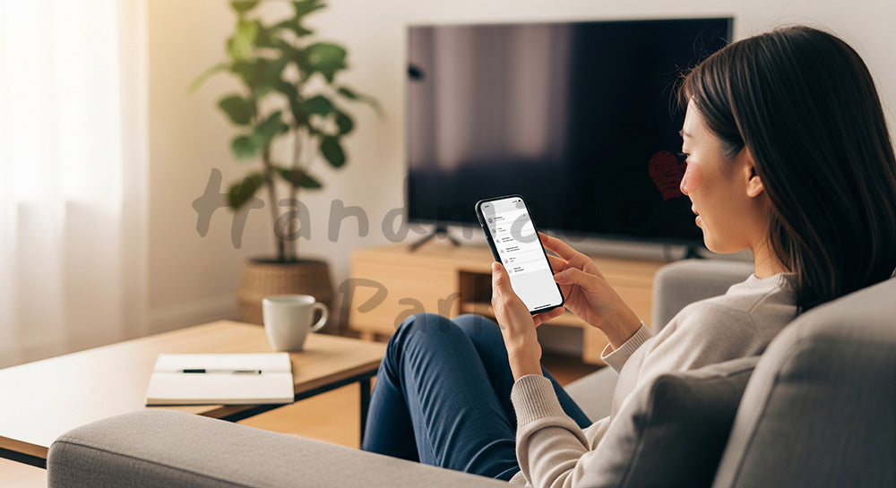 フリー素材 無料 写真｜スマホで買い物リストや予定を確認する日本人主婦のリビングシーン 余白あり